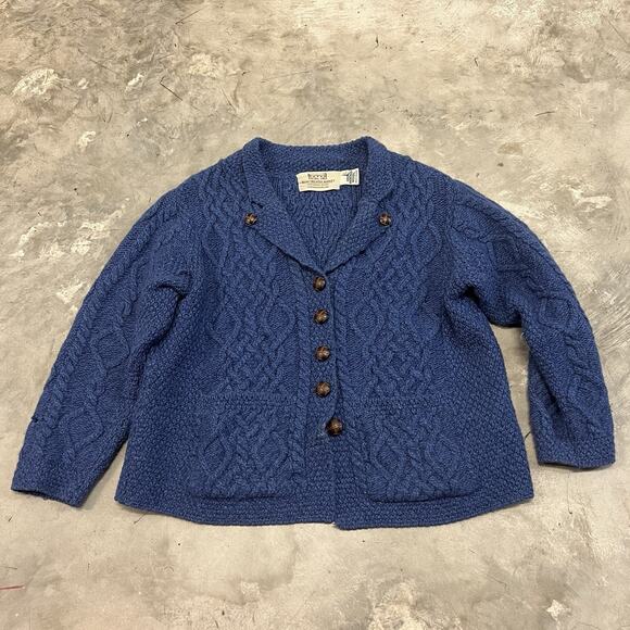 Aran Crafts Ireland Pure Merino Wool L Toggle Button Long Cardigan Sweater Blue - Picture 1 of 6